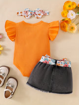 Baby Girl Clothes Newborn Jumpsuit Short Sleeved Denim Skirt with Front End and Baby Clothing Set, 0-18 Months, for Outdoor
