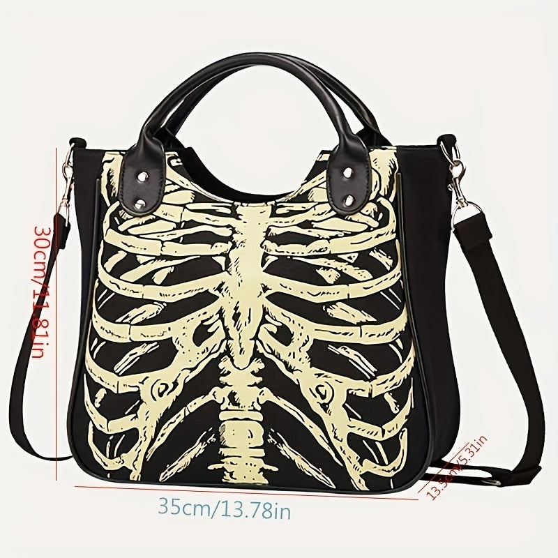 Goth Grunge Skeleton Durable Crossbody Bag, Rib Pattern Canvas Large Capacity Trendy Handbag, Halloween Portable Double Handle Tote Bag
