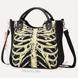 Goth Grunge Skeleton Durable Crossbody Bag, Rib Pattern Canvas Large Capacity Trendy Handbag, Halloween Portable Double Handle Tote Bag