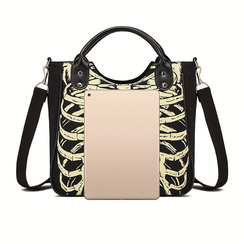 Halloween Skeleton Print Handbag, Luminous Horror Night Canvas Crossbody Bag, Gothic Ghost Skull Elf Tote Bag - Perfect for Carnival Mardi Gras Music Festival