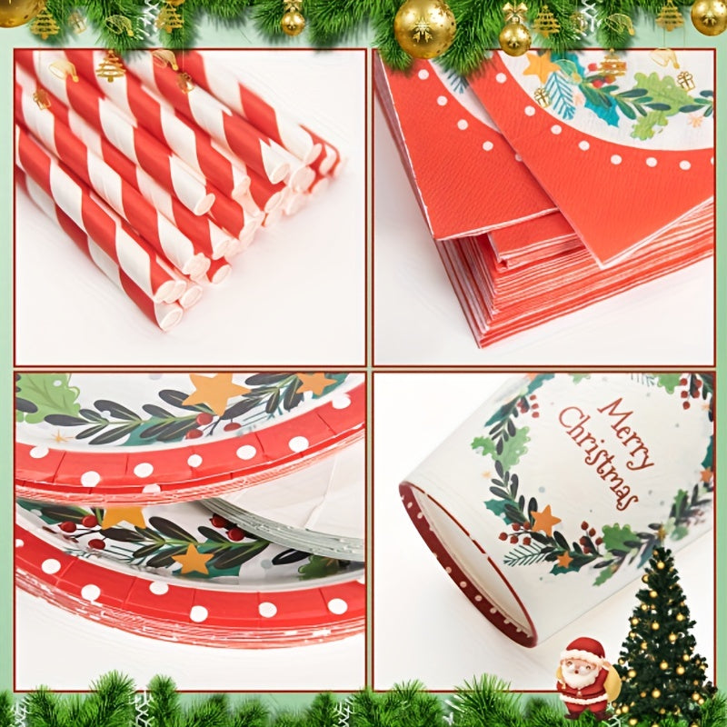 122pcs Disposable Christmas Theme Tableware, Christmas Party Decoration With Paper Plates, Napkins, Paper Cups, Straws, Tablecloths And Flags, Xmas Holiday Theme Tableware Supplies& Decoration (Mistletoe Pattern, For 24 Peopl