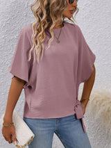 Solid Knotted Blouse, Casual Crew Neck Asymmetrical Blouse, Women's Clothing