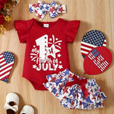 3pcs Baby Girl Summer "My First Independence Day" Embroidered Shoulder Short Sleeve Khaki + Star Full Print Lace Shorts Hair Band Set of Three