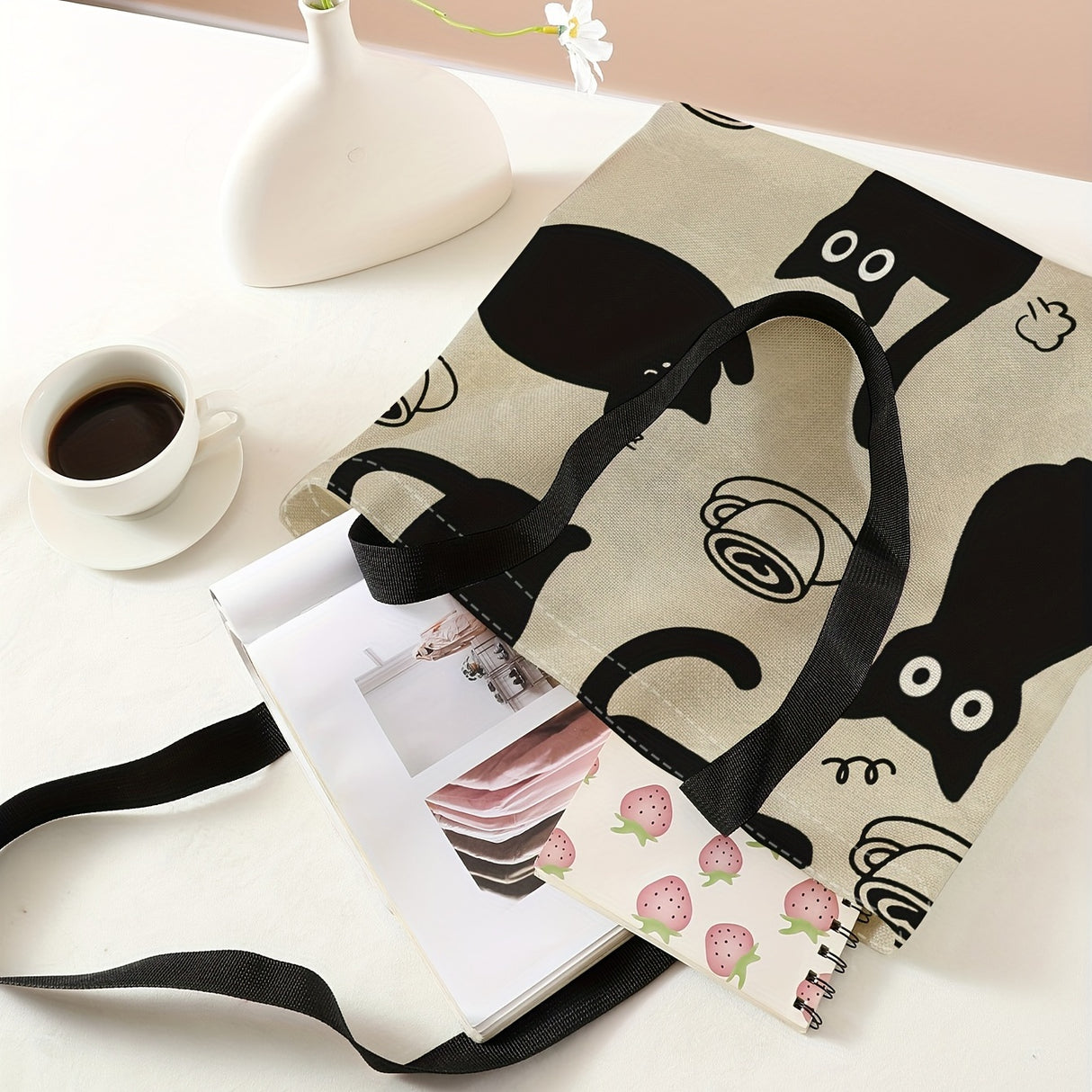 Kawaii Cute Cartoon Print Tote Bag, Large Capacity Canvas Shoulder Bag, Women's Casual Reusable Handbag & Shopping Travel Beach Bag