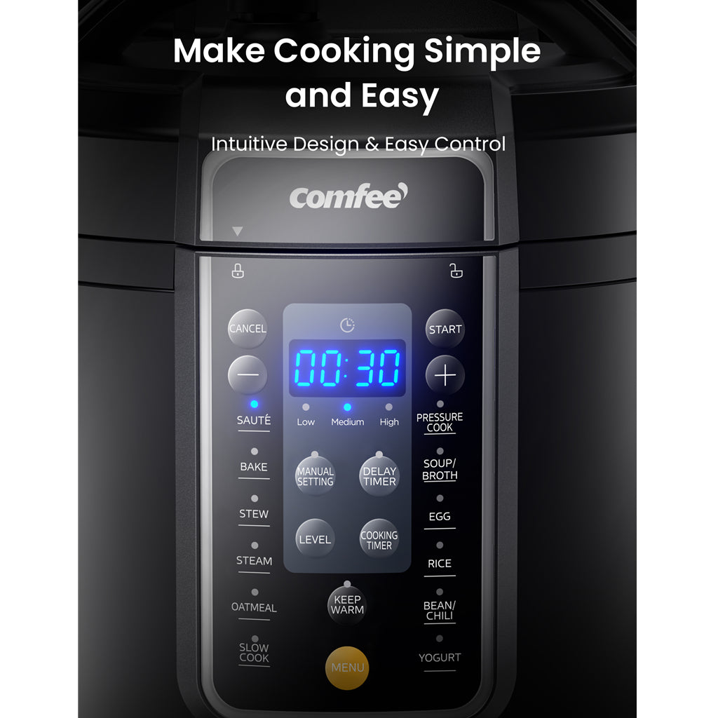 COMFEE’ 9-in-1 Electric Pressure Cooker 13 Presets Instant Multi Cooker Olla de Presion Slow Cooker Rice Cooker Steamer Sauté Yogurt Maker Non-Stick Pot 6 Quart Black, Aluminum