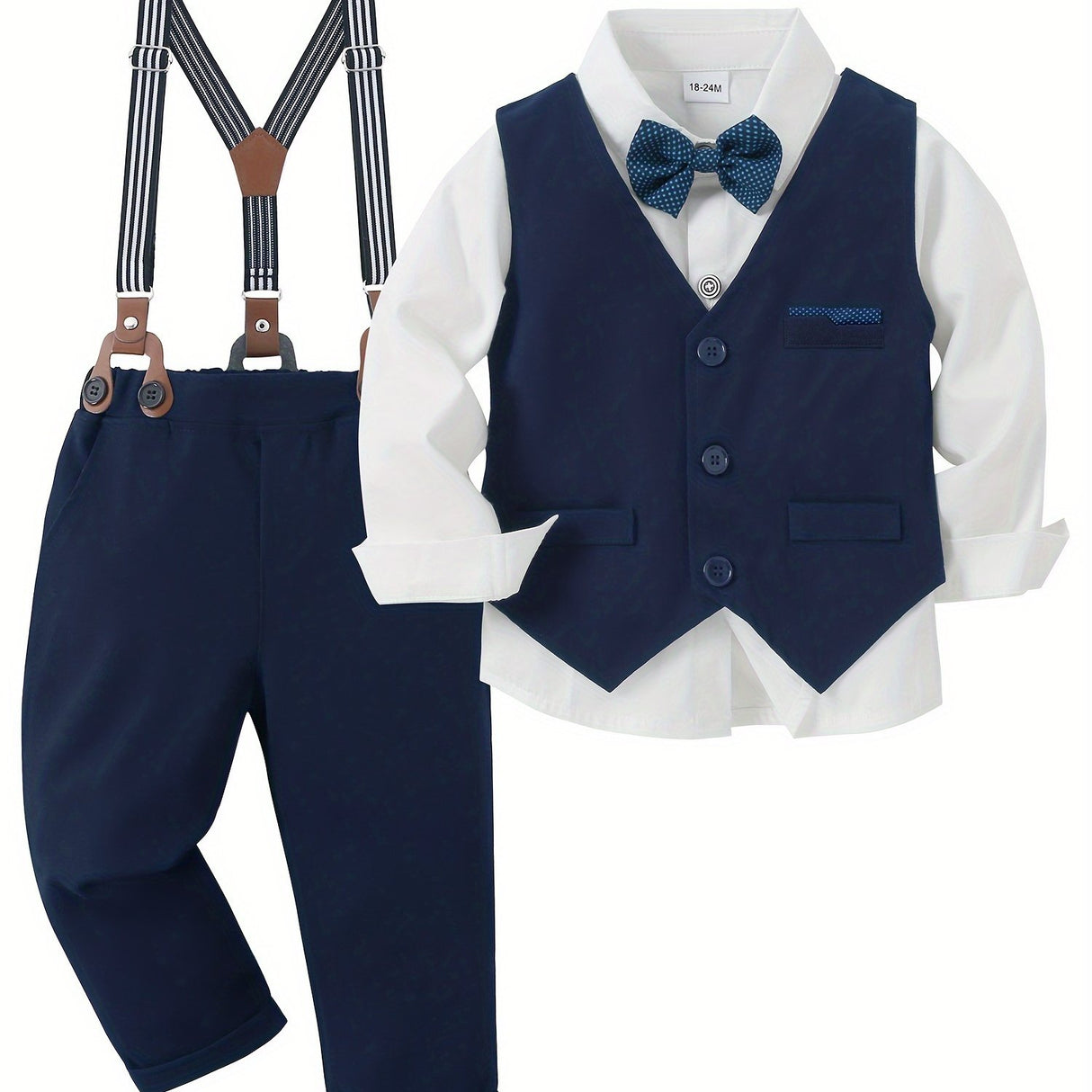 4pcs Toddler Boys Gentleman Outfit Set - Cotton Blend Long Sleeve Shirt, Bowtie, Vest, Suspender Pants with Floral Pattern for Wedding Party - All-Season Regular Fit, Woven Fabric, Single Breasted Lapel Collar, 5.0% Spandex,