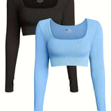 OQQ Women's 2 Piece Crop Top Ribbed Seamless Workout Exercise Long Sleeve Crop Tops