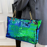 Large Capacity Sequin Glitter Tote Bag - Sparkly Bling Metal Chain Shoulder Bag with Fixed Straps, Polyester Lining, and Zipper Closure - Perfect Casual Commuter Bag for Carnaval and Everyday Use, Great Gift Idea
