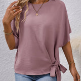Solid Knotted Blouse, Casual Crew Neck Asymmetrical Blouse, Women's Clothing