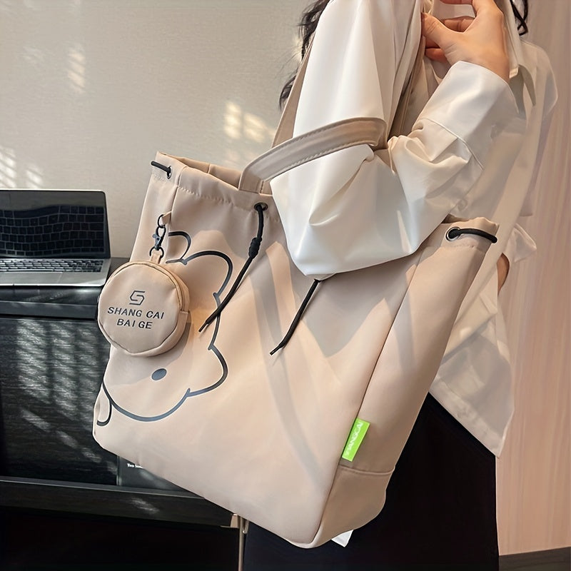 Simple Cartoon Bear Canvas Shoulder Bag, Versatile All-Match Tote Bag With Mini Coin Purse