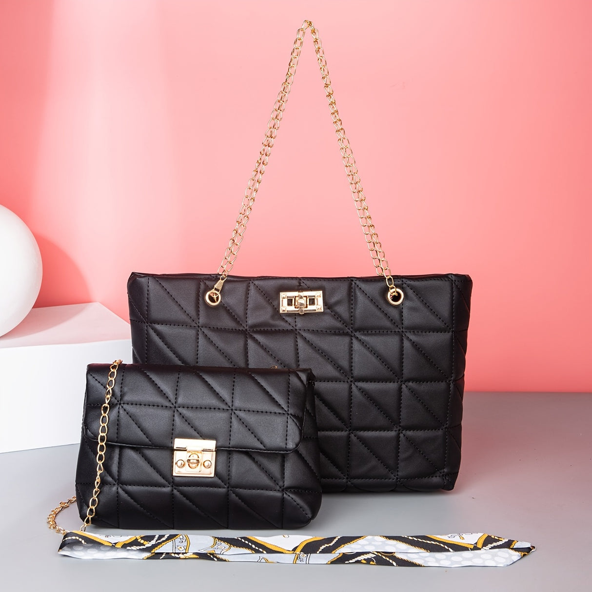 Quilted Detail Tote Bag Set: Classic Shoulder Chain Bag, Crossbody Purse with Scarf Decor