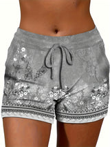 Stretchy Polyester Drawstring Waist Shorts - High Elasticity, All Over Random Print, Casual Summer Shorts for Women - Comfy, Breathable, and Quick Drying