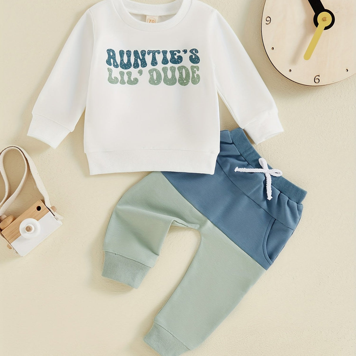 1 Set Toddler Boys Cotton Blend Casual Outfit - Long Sleeve Round Neck Top with Alphabet Print & Contrast Color Pants with Pockets, Regular Fit Knit Fabric for Fall/Winter, for Outdoor