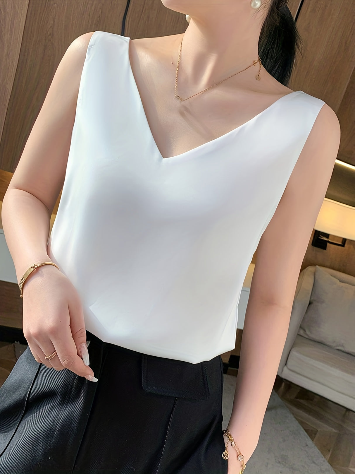 Elegant Summer V-Neck Tank Top for Women: Chic Sleeveless, Sexy Slingback Design, Polyester-Spandex Blend