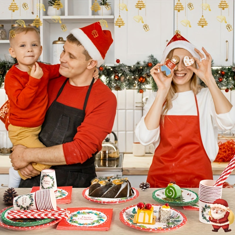 122pcs Disposable Christmas Theme Tableware, Christmas Party Decoration With Paper Plates, Napkins, Paper Cups, Straws, Tablecloths And Flags, Xmas Holiday Theme Tableware Supplies& Decoration (Mistletoe Pattern, For 24 Peopl