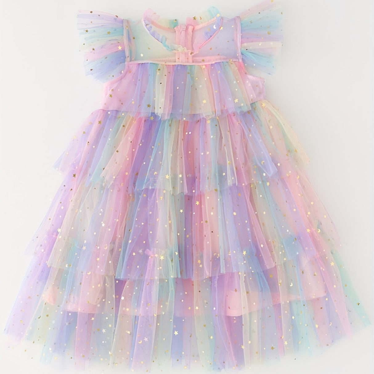 Stunning Ombre Ruffle Princess Tutu Dress - Soft Cotton Blend, Non-Stretch, Preppy Style, Flutter Sleeve, Regular Fit, Perfect for Summer Holiday Party, Gift for Little Girls