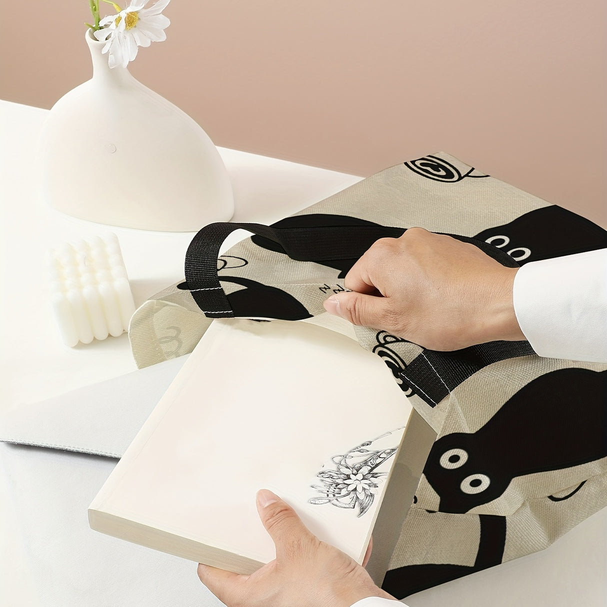 Kawaii Cute Cartoon Print Tote Bag, Large Capacity Canvas Shoulder Bag, Women's Casual Reusable Handbag & Shopping Travel Beach Bag
