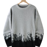 Fire Pattern Knitted Sweater, Men's Casual Warm Slightly Stretch Crew Neck Pullover Sweater For Men Fall Winter