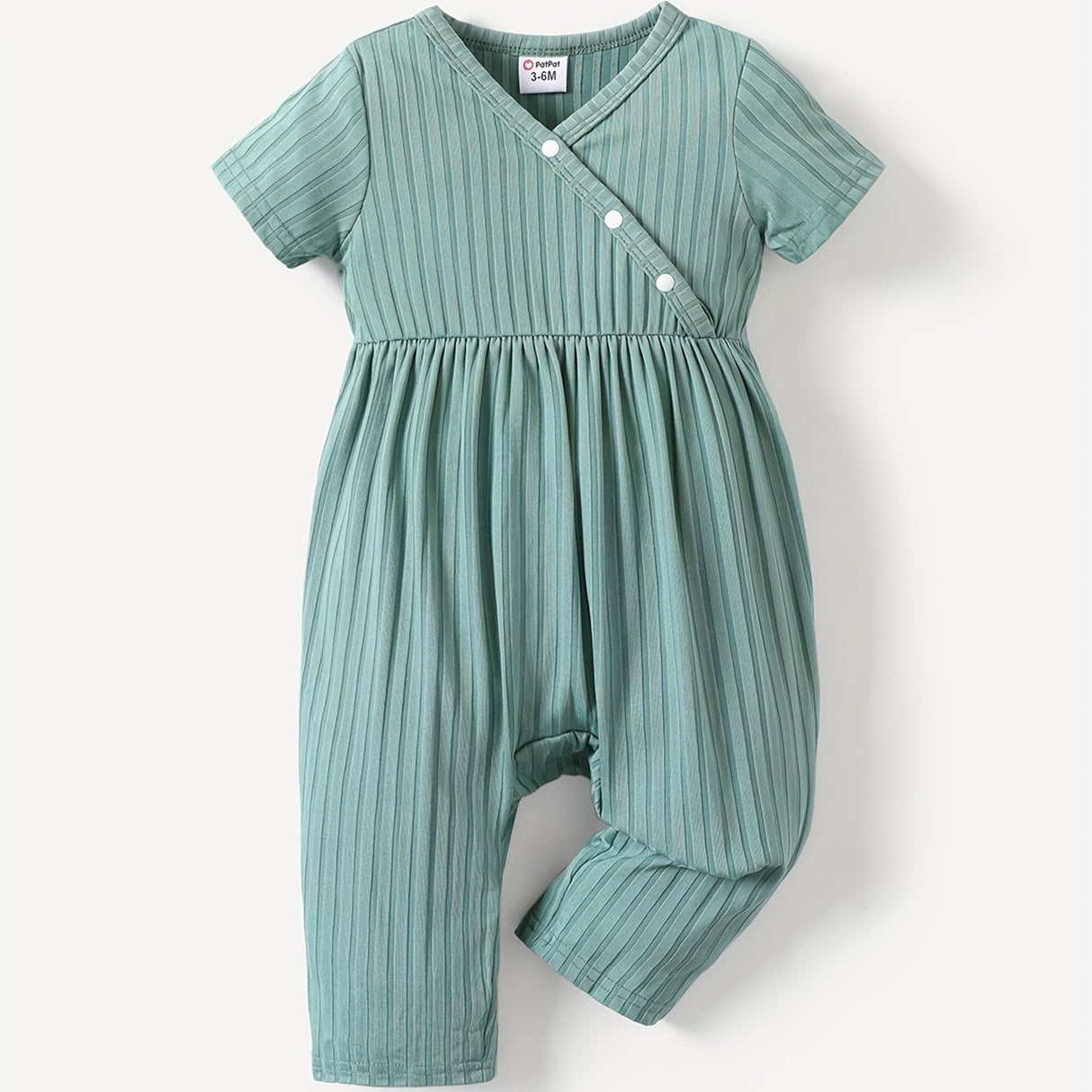 PatPat Baby Girl Cute All Over Rabbit Print/Solid Ribbed V Neck Short-sleeve Jumpsuit For Summer Outdoor Wear