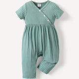 PatPat Baby Girl Cute All Over Rabbit Print/Solid Ribbed V Neck Short-sleeve Jumpsuit For Summer Outdoor Wear