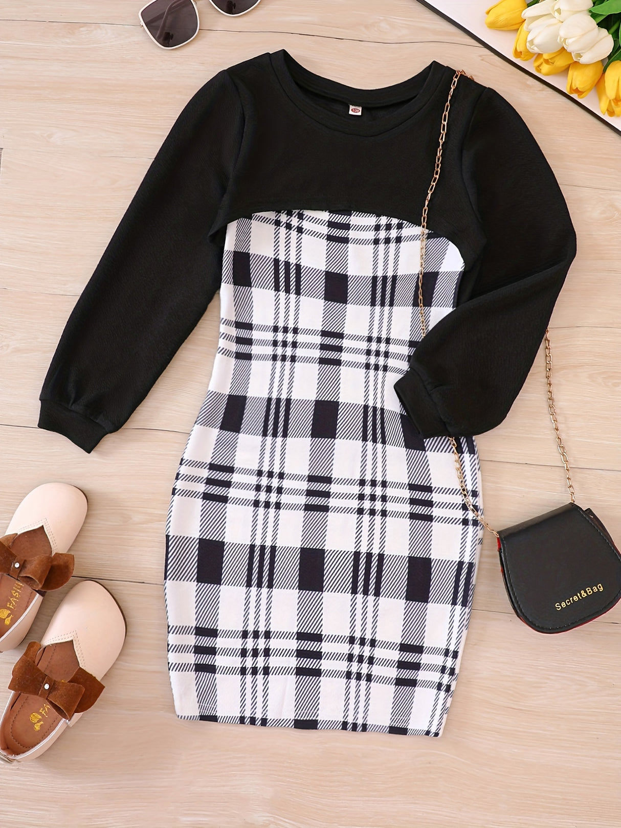 Trendy Girl's 2pcs, Plaid Pattern Sundress & Crop Sweatshirt Set, Casual Outfits, Kids Clothes For Spring Autumn