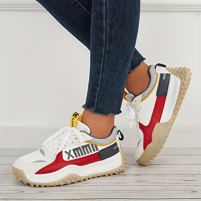 Women Thick Sole Shock Absorption Chunky Sneakers, Wear Resistance Lace Up Sport Shoes, Casual Versatile Breathable Comfortable Running Shoes