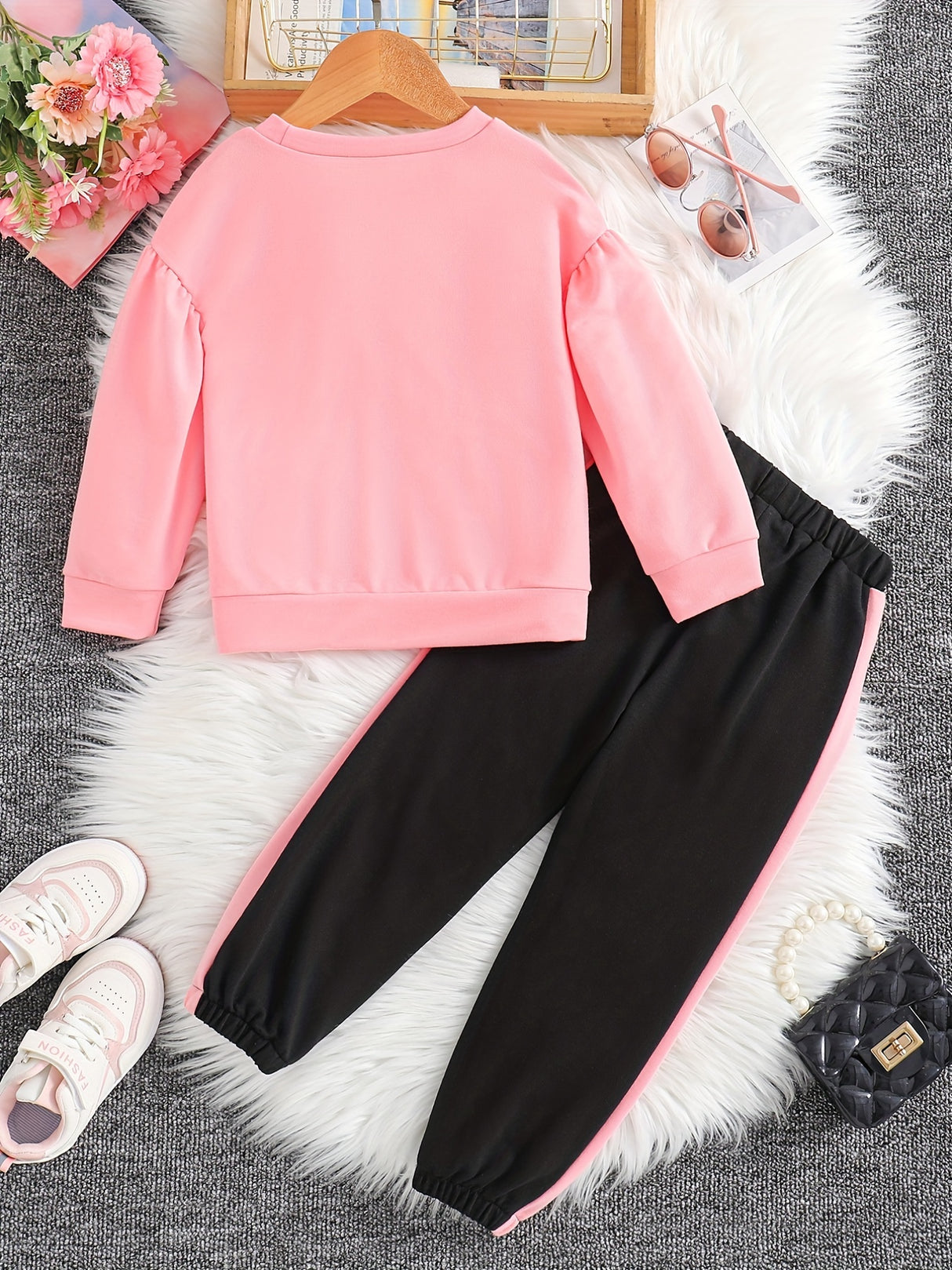 Girls 2pcs Sweatshirt & Elastic Waist Pants Set Bow Decor Long Sleeve Pullover Top Casual Kids Clothes Spring Fall