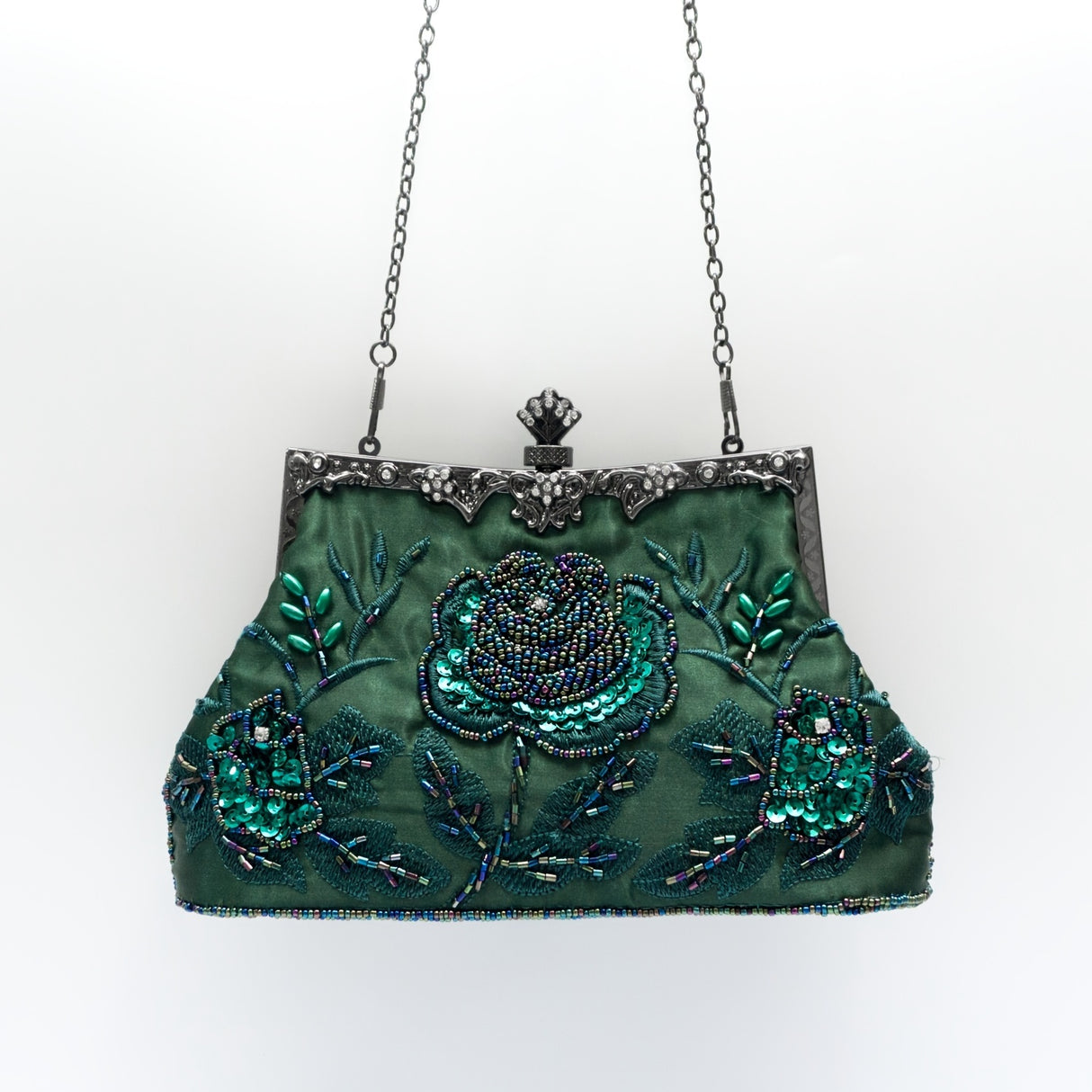 Vintage Floral Embroidered Clutch Handbag, Removable Strap, Buckle Closure, Polyester Lining, Dark Green Champagne Silvery Grey Burgundy Black Grey Golden Blue for Wedding Party