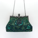 Vintage Floral Embroidered Clutch Handbag, Removable Strap, Buckle Closure, Polyester Lining, Dark Green Champagne Silvery Grey Burgundy Black Grey Golden Blue for Wedding Party