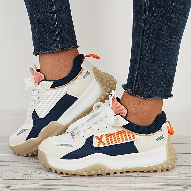 Women Thick Sole Shock Absorption Chunky Sneakers, Wear Resistance Lace Up Sport Shoes, Casual Versatile Breathable Comfortable Running Shoes