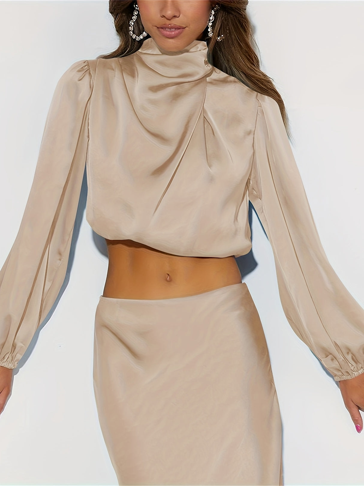 Women Satin Blouses Dressy Cowl Neck Long Sleeve Crop Tops