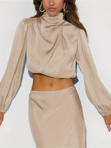 Women Satin Blouses Dressy Cowl Neck Long Sleeve Crop Tops