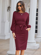 Solid Color Crew Neck Dress, Elegant Long Sleeve Belt Bag Hip Zipper Back Dress For Winter & Fall, Women's Clothing