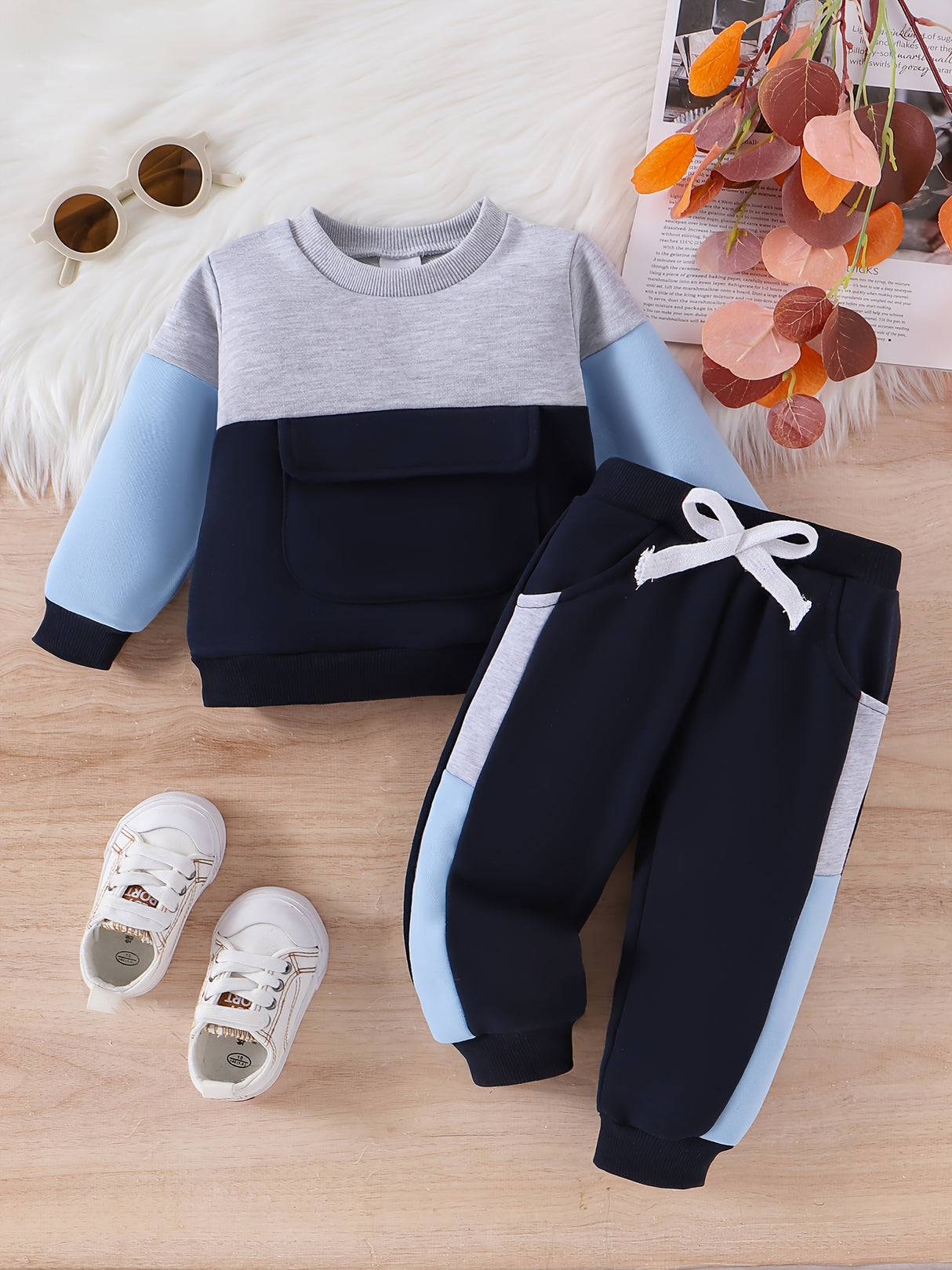 CETEPY Toddler Baby Boys Clothes Autumn Winter Outfits Color Block Long-sleeved Top + Trousers WIth Pockets Sets 6 Months-3 Years, for Outdoor
