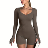 OQQ Women Yoga Rompers Ribbed Workout Long Sleeve Sweetheart V Neck Sport Jumpsuits Rompers