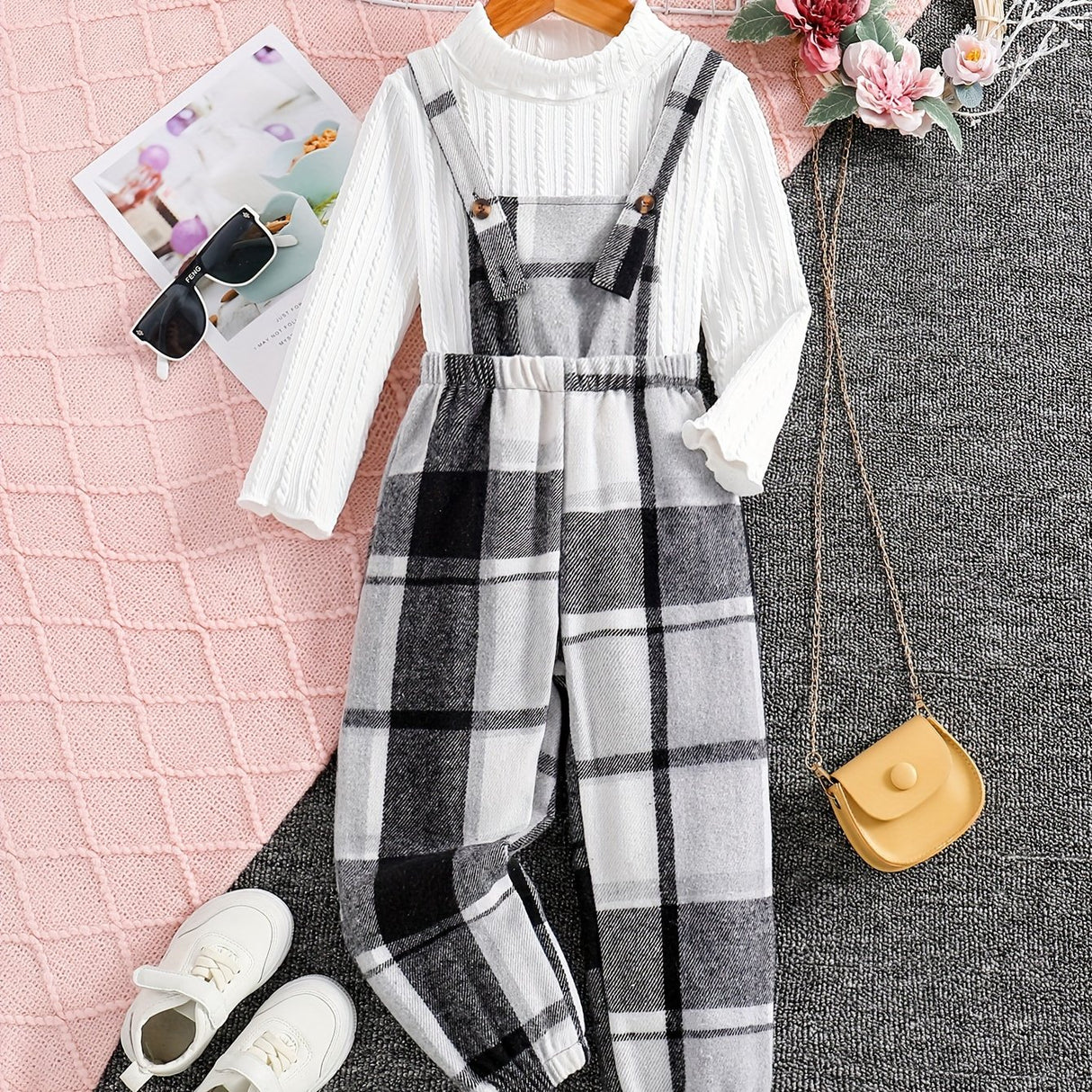 Girls 2pc, Solid Pullover Long Sleeve Top + Plaid Jumpsuit Kids Clothes For Spring Fall Outdoor