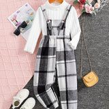 Girls 2pc, Solid Pullover Long Sleeve Top + Plaid Jumpsuit Kids Clothes For Spring Fall Outdoor