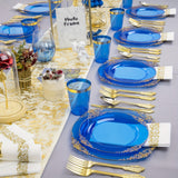 350PCS Blue Plastic Plates - Blue Plastic Dinnerware Sets for 50 Guests - 100 Blue Disposable Party Plates, 150Gold Plastic Silverware, 50Cups, 50Napkins for Wedding & Party
