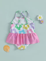 Toddler & Little Girls' Floral Print Swimsuit with Cross Straps, Sleeveless Ruffled Shoulders & Flared Skirt - Quick-Dry Beach & Pool Swimwear, Machine Washable Cute Bathing Suit, Coastal Outfit | Playful Design | Quickdry Ma