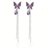 Chic Purple Butterfly Pearl Tassel Earrings - Whimsical Animal Pattern, Japanese & Korean Style, Versatile for All Occasions