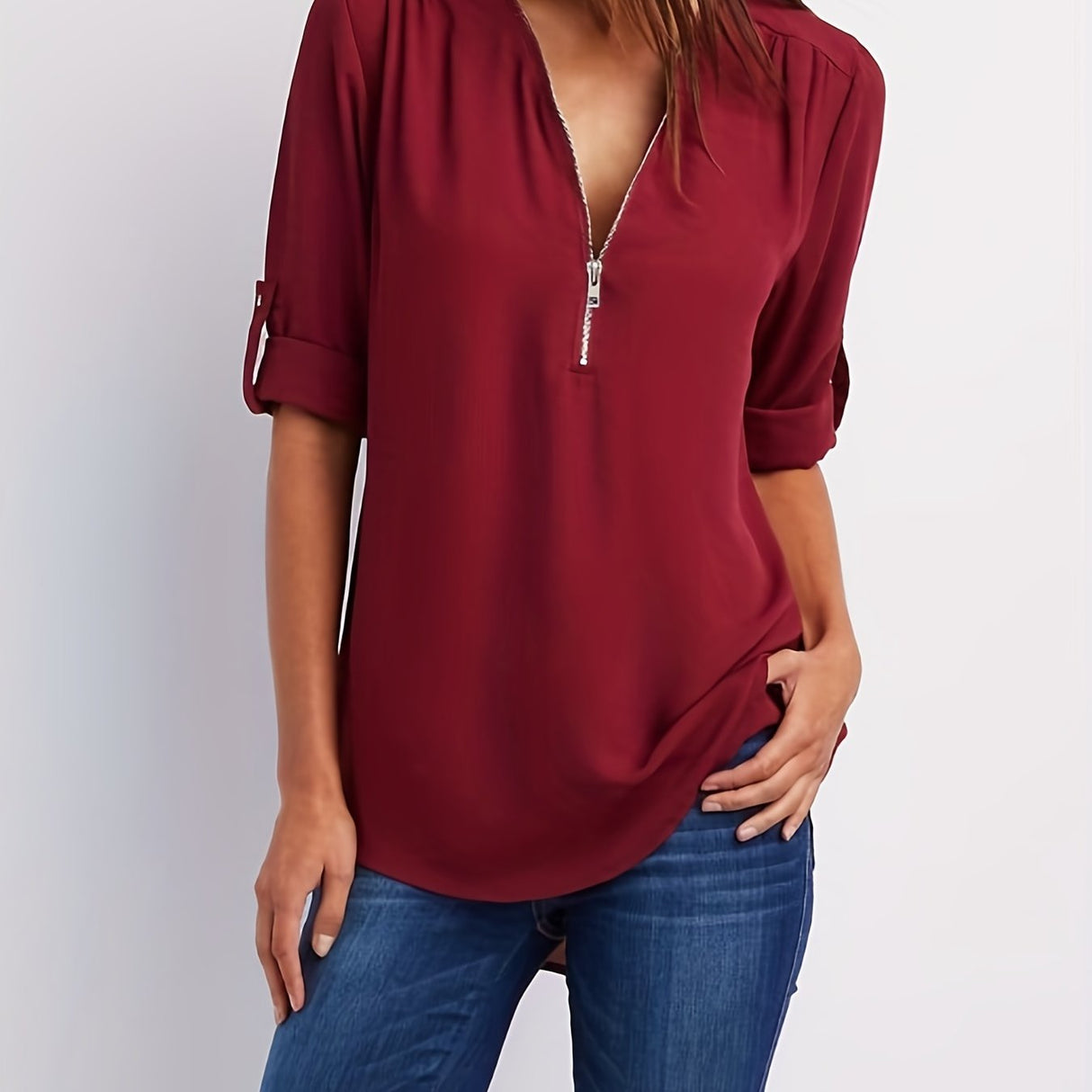 Solid V Neck Blouse, Casual Ruched Rollable Sleeve Half Zip Blouse, Women's Clothing