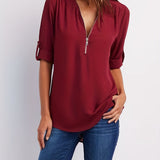 Solid V Neck Blouse, Casual Ruched Rollable Sleeve Half Zip Blouse, Women's Clothing