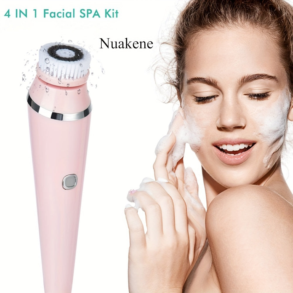Nuakene 4-in-1 Rechargeable Electric Facial Cleansing Brush - Soft Bristle Brush, Silicone Facial Cleaner, Facial Massager, Rotating Base, Gentle Exfoliator, Deep Cleaning, Holiday Gift for Women