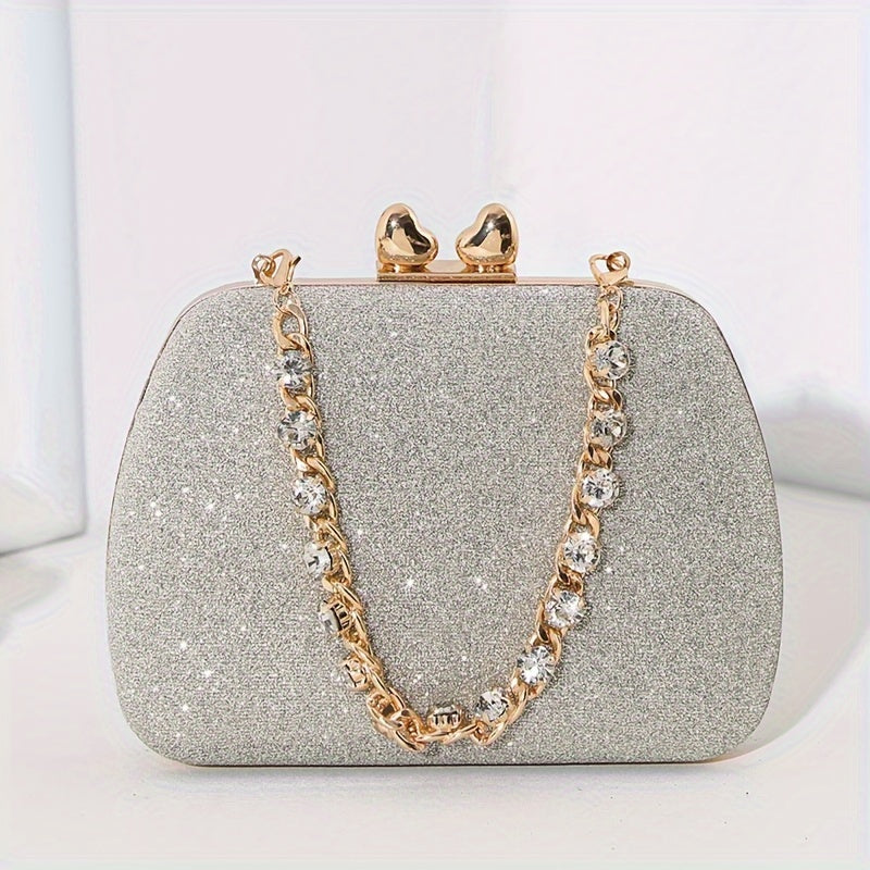 Shimmering Heart Glam Clutch Bag - Studded Chain & Metal Detail - Versatile Evening Wear for Banquets & Parties - Durable PU Material