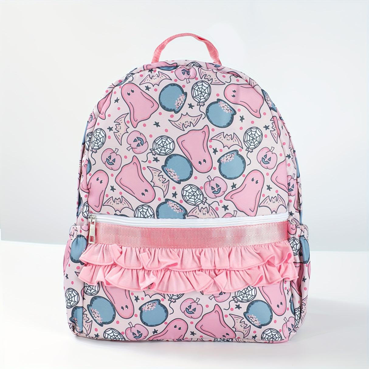 Halloween Charm Backpack - Cute Ghost & Skull Pumpkin Print, Lightweight Large Capacity School Bag with Adjustable Straps and Lace Detail