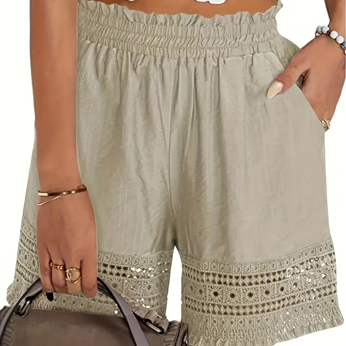 Summer Casual Shorts for Women, Lace Trim Slant Pocket Paper Bag Waist Shorts
