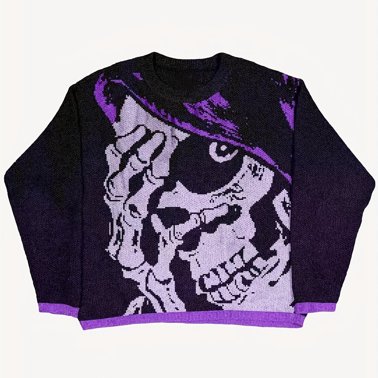 Retro Skeleton Pattern Knitted Sweater, Men's Casual Warm Slightly Stretch Crew Neck Pullover Sweater For Men Fall Winter