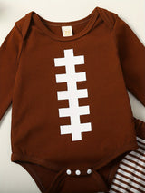 Baby Boy 3 Piece Outfit Football Print Long Sleeve Rompers and Elastic Striped Pants Beanie Hat Set Fall Spring Clothes