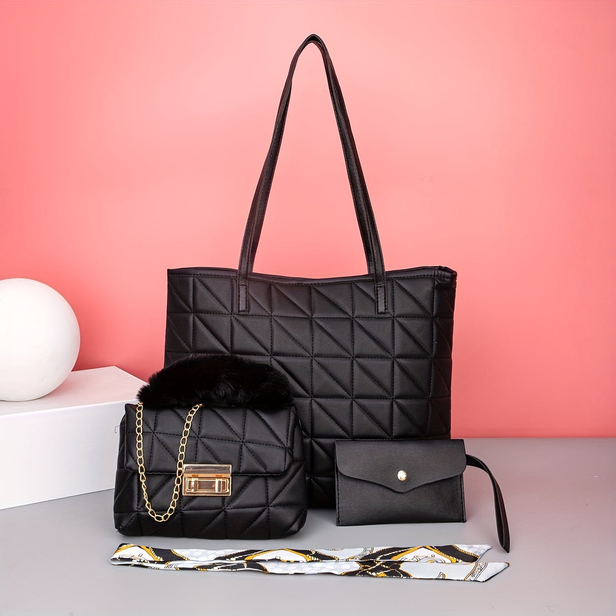 Quilted Detail Tote Bag Set: Classic Shoulder Chain Bag, Crossbody Purse with Scarf Decor