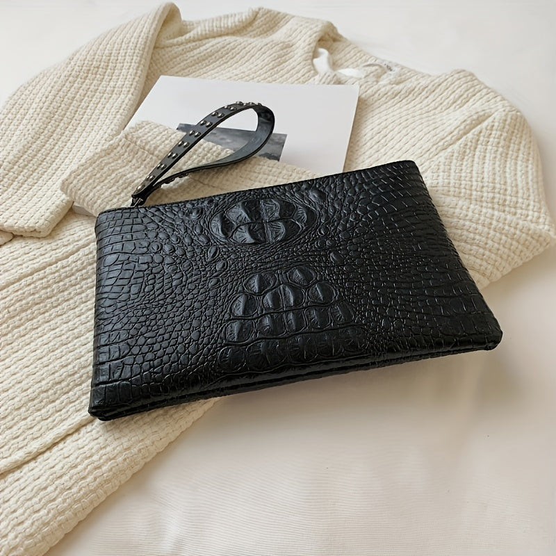 Crocodile Pattern Square Clutch Bag - Zipper Closure, Fixed Shoulder Straps, Animal Print PU Handbag with Polyester Lining and Wristlet - Fashionable Studded Decor for Women